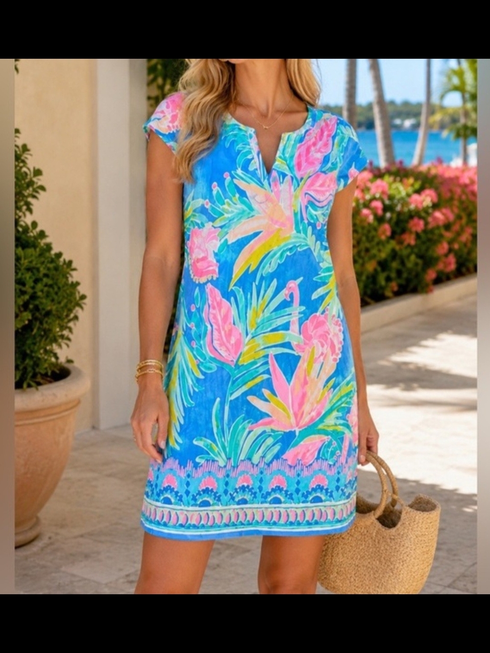 EUC Sz XS Lilly Pulitzer Sophiletta Dress Bennett Blue UPF 50 Tropical Flamingo